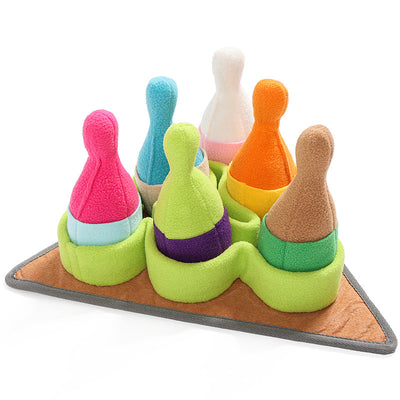 Colorful pet puzzle toy with bowling pin shapes and a chicken drumstick, designed for slow feeding and training. - Image 8