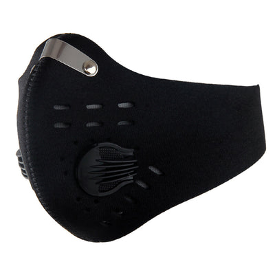 Black nylon bicycle mask with activated carbon filter, exhalation valve, and metal nose clip. - Image 3