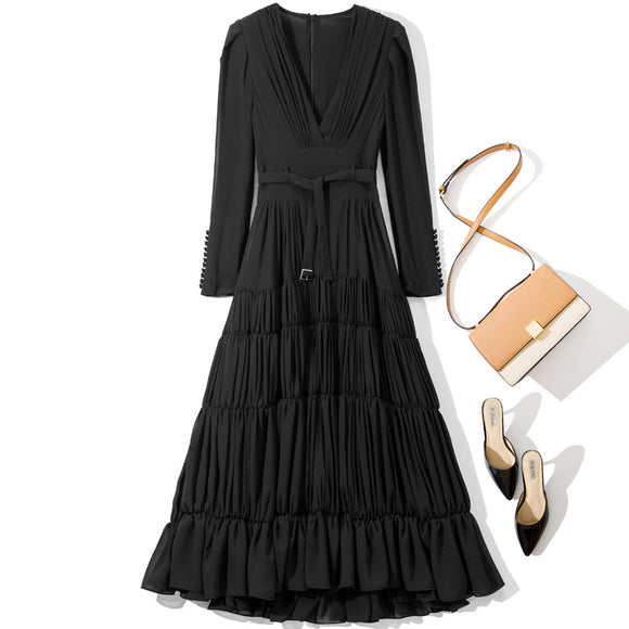 Vestido Largo de Manga Larga con Cinturón para Mujer