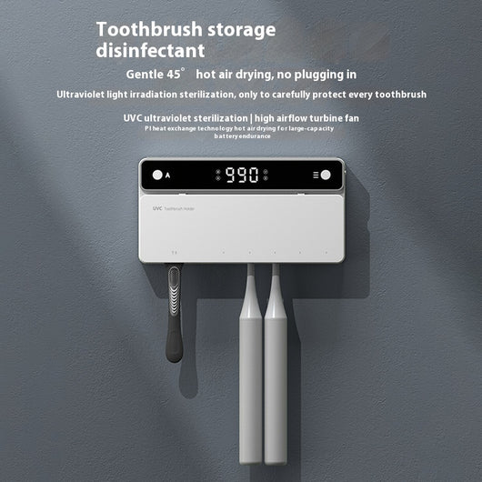 Black wall-mounted UVC toothbrush sterilizer with digital display, holding one manual and three electric toothbrushes. - Image 14