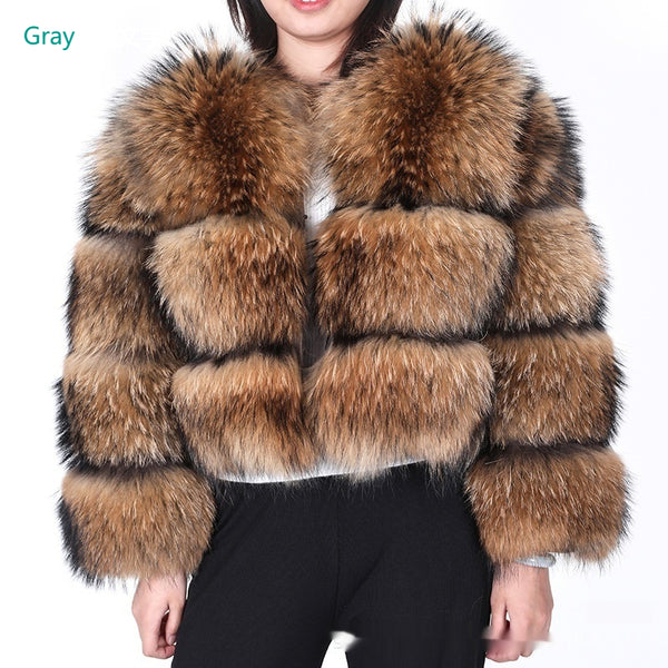 Abrigo de Piel de Mapache Corto para Mujer - Cuero y Fur Premium