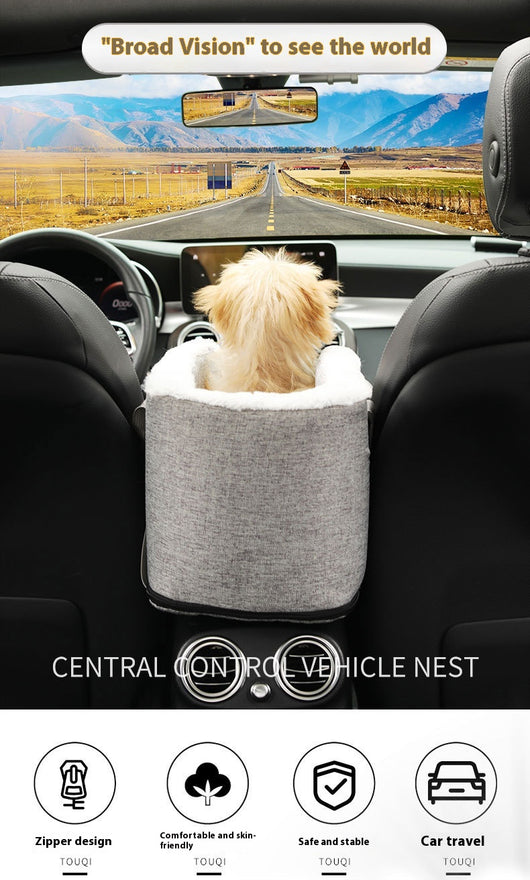 Grey pet car seat with plush white lining, designed for small dogs or cats, placed on a car's center console. - Image 17