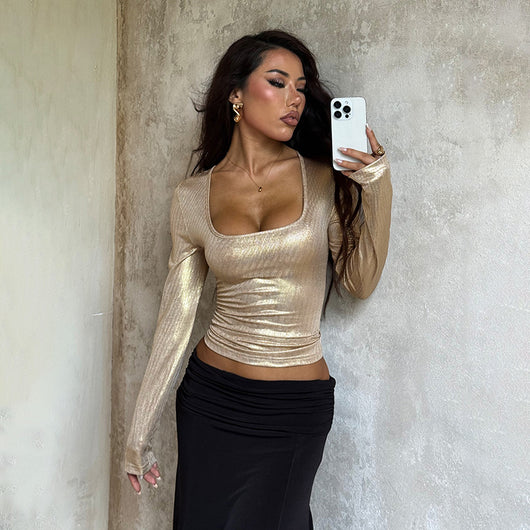 Blusa Larga Ajustada con Cuello Cuadrado y Efecto Bronceado para Mujer - Image 4