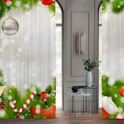 Pair of Christmas curtains with a 3D digital print of a snowy winter window scene, frosted trees, and snowflakes. - Image 44