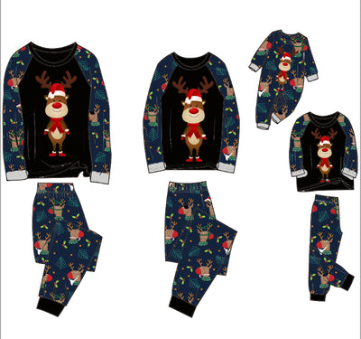 Family Christmas pajamas with a cartoon reindeer wearing a Santa hat and red scarf on a black top, and dark blue pants with a repeating reindeer and holly patte - Image 5