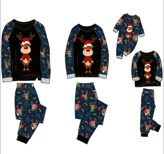 Family Christmas pajamas with a cartoon reindeer wearing a Santa hat and red scarf on a black top, and dark blue pants with a repeating reindeer and holly patte - Image 5