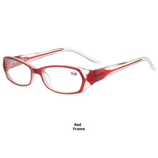Red and clear retro full-frame reading glasses with blue light blocking lenses and a +2.00 prescription. - Image 3