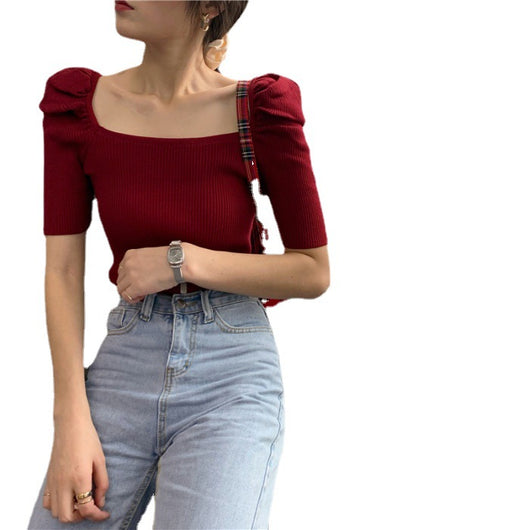 Blusa Francesa Ajustada con Cuello Cuadrado y Mangas Abullonadas - Image 5