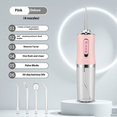 Pink portable electric oral irrigator with clear water tank and four nozzles, highlighting adjustable pressure and pulse mode. - Image 8