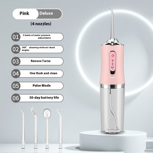 Pink portable electric oral irrigator with clear water tank and four nozzles, highlighting adjustable pressure and pulse mode. - Image 8