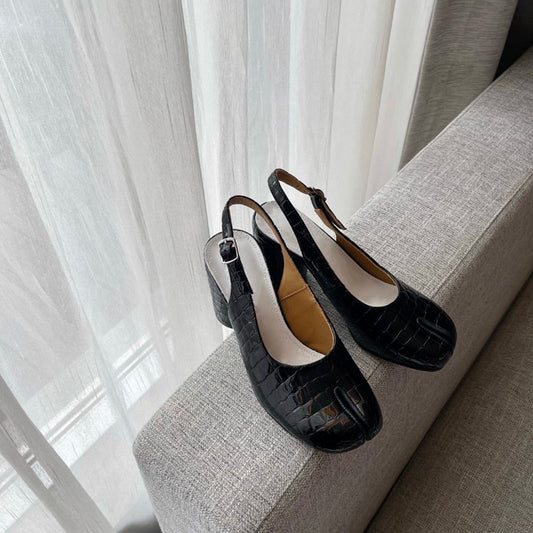 Sandalias de Tacón Hueco Grueso con Punta Dividida en Cuero para Mujer