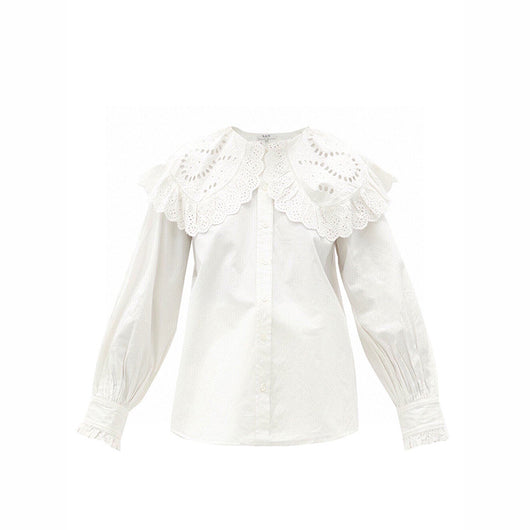 Camisa Blanca de Lino con Solapa Ancha y Bordado Retro de Loto Calado - Image 22