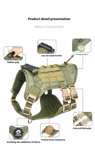 Light grey tactical dog harness made of Oxford cloth with mesh padding, adjustable straps, a top handle, and D-ring. - Image 3