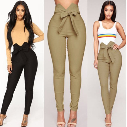 Pantalones Lápiz Casual de Cintura Alta Elástica con Cordones - Image 9