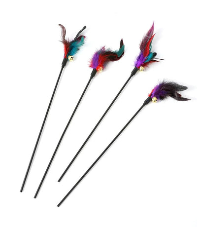 Three cat teaser wands with black sticks, colorful feathers in purple, red, and teal, and small gold bells. - Image 10