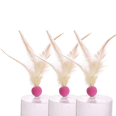 Three cat toys with pink balls and natural beige feathers, displayed on clear stands against a white background. - Image 13