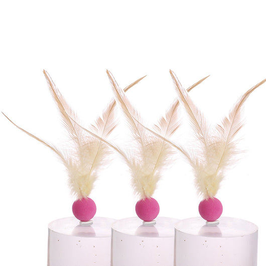 Three cat toys with pink balls and natural beige feathers, displayed on clear stands against a white background. - Image 13