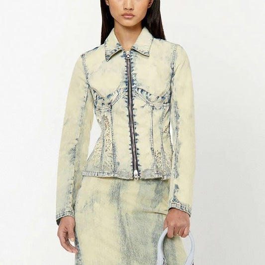 Chaqueta Denim Patchwork con Malla Quemada y Cierre Desteñido
