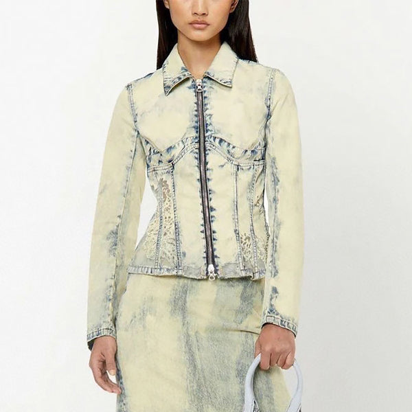 Chaqueta Denim Patchwork con Malla Quemada y Cierre Desteñido