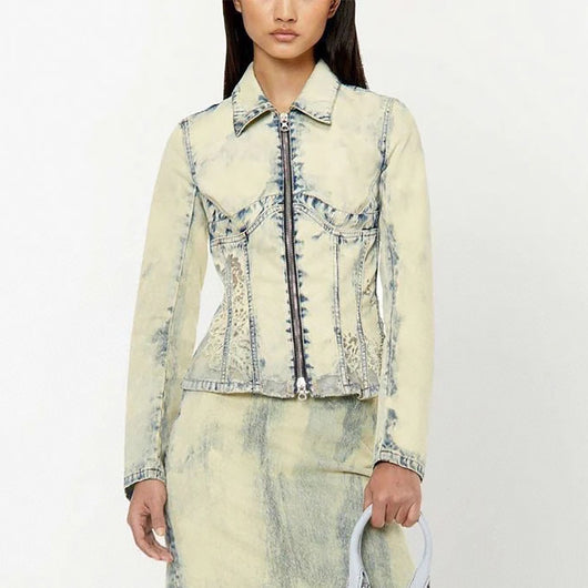 Chaqueta Denim Patchwork con Malla Quemada y Cierre Desteñido