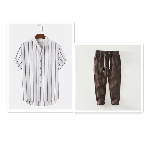 Camisa Casual de Hombre con Cuello Mao y Rayas - Image 13