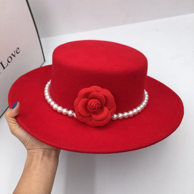 Sombrero de Ala Ancha Tweed Rojo con Detalles Florales Elegante - Image 3