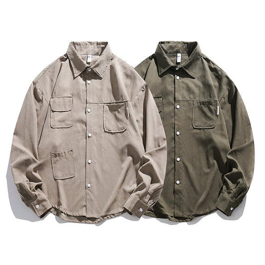 Camisa Retro Americana de Gamuza Manga Larga Hombre Oversize Versátil