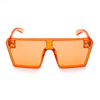 Oversized flat-top sunglasses with translucent red plastic frames and matching red lenses on a white background. - Image 16