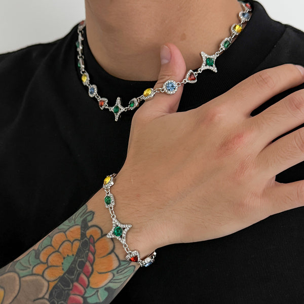 Collar Conjunto de Cruz y Estrella con Piedras de Gema Coloridas para Hombre
