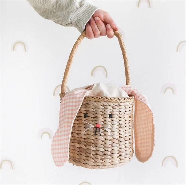 Bolsa de Rafia Tejida con Conejo de Orejas Grandes - Decoración Infantil