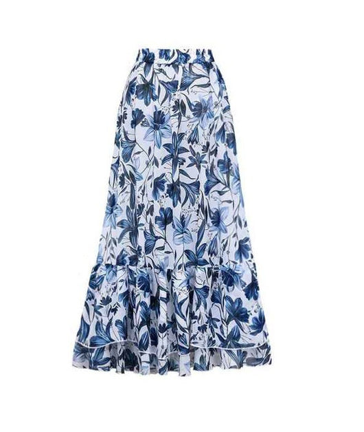Women's blue and white floral one-piece swimsuit with ruffled V-neck and matching sarong skirt with bow. - Image 17