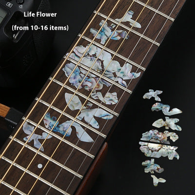 Blue cloud-shaped inlay stickers for guitar fingerboards, shown on a guitar neck and as a full sheet. - Image 15