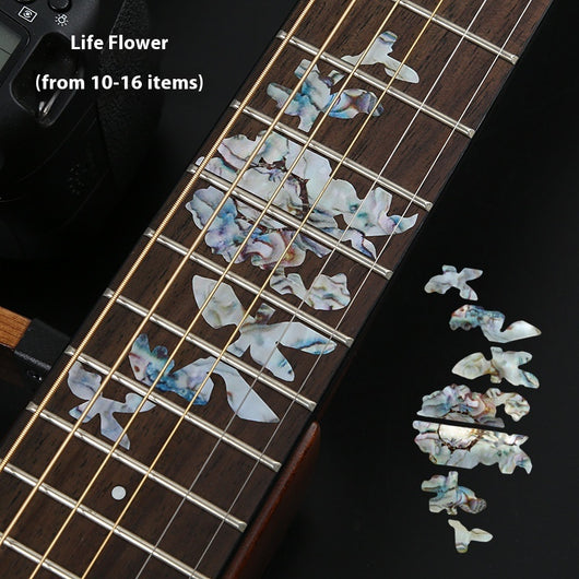 Blue cloud-shaped inlay stickers for guitar fingerboards, shown on a guitar neck and as a full sheet. - Image 15