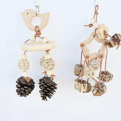 Natural bird toy with a wooden bird, ring, beads, rattan balls, and pinecones, hanging from a metal clip. - Image 6