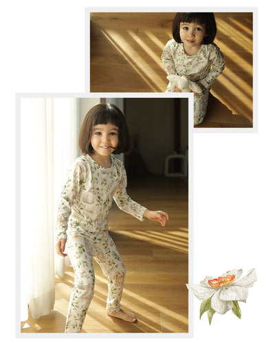 Bamboo cotton knitted parent-child pajama set with a pumpkin print long-sleeve top and solid light blue-grey pants. - Image 52