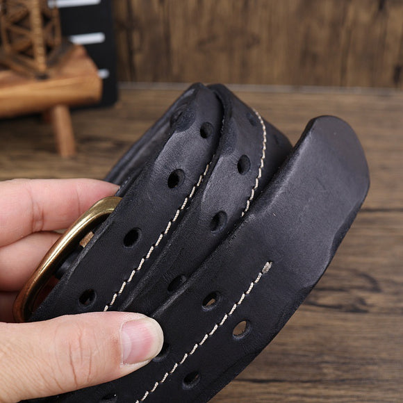 Cinto Masculino de Couro Premium com Fivela Bronze Retrô e Costura Dupla