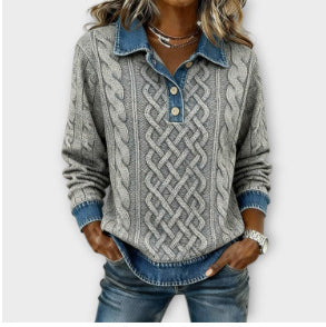 Suéter Denim Patchwork con Cuello Solapa - Estilo Europeo Oversize - Image 6