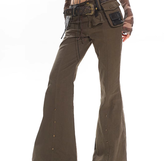Pantalones Acampanados Denim Negro Lavado con Diseño Militar Verde Ejército - Image 9