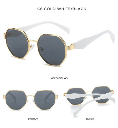 Polygonal sunglasses with a gold metal frame, beige temples, and dark black-gray lenses on a white background. - Image 18
