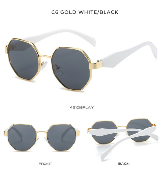Polygonal sunglasses with a gold metal frame, beige temples, and dark black-gray lenses on a white background. - Image 18