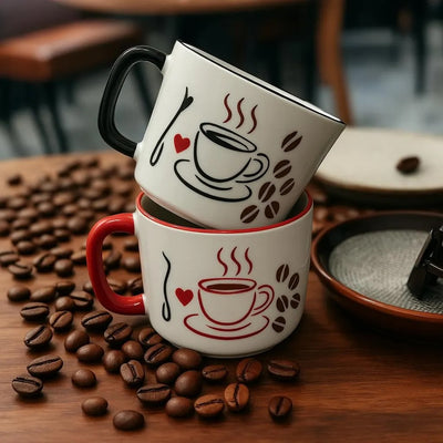 Juego de 2 Tazas de Cerámica Artesanal con Diseños Pintados a Mano Temática Café