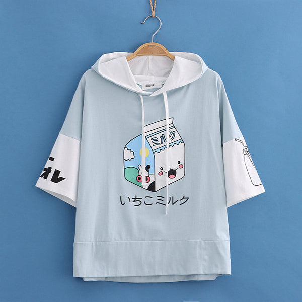 Sudadera con Capucha Estampado Cartón de Leche - Colorblock Manga Corta