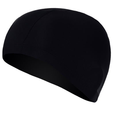 Black cloth swimming cap with a blue tribal-style graphic design on the side. - Image 3