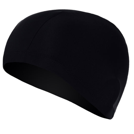 Black cloth swimming cap with a blue tribal-style graphic design on the side. - Image 3