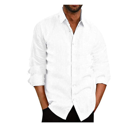 Camisa Manga Larga de Algodón y Lino para Hombre - Cuello Solapa Color Sólido - Image 9