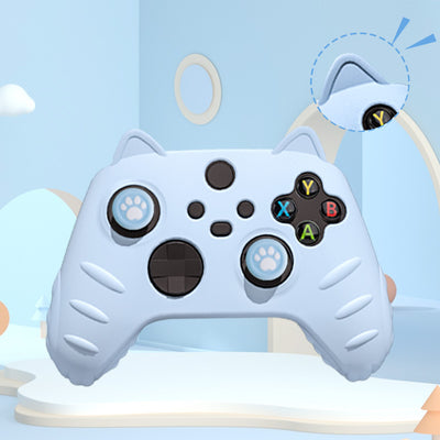 Light yellow silicone Xbox Series controller cover with cat ears, paw print joystick caps, and a cartoon cat sticker. - Image 3