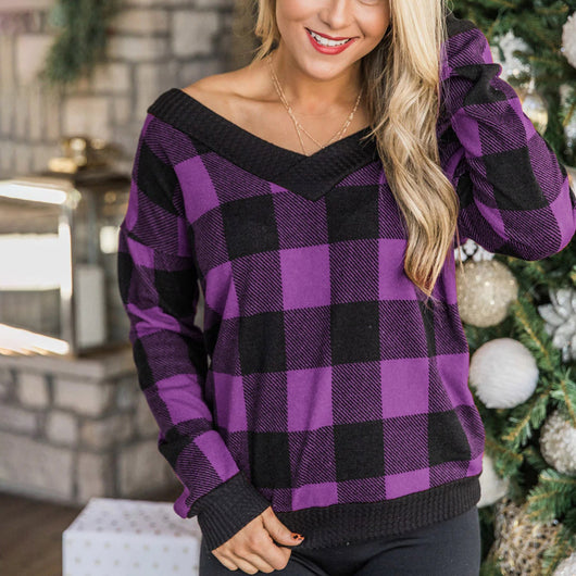 Blusa Cuadros Suelta Cuello en V Manga Larga - Image 10