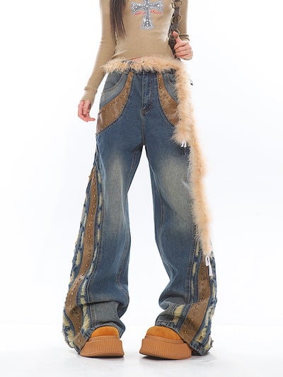 Jeans Deconstructidos Patchwork en Cuero Vintage Lavado Pesado - Image 10
