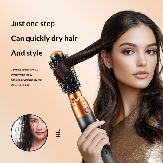 5-in-1 multifunctional hair styler with dark gray handle and rose gold accents, including hot air comb, curling wands, and paddle brush attachments, plus a blac - Image 4