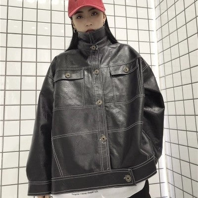 Chaqueta de Cuero PU para Motocicleta Mujer con Bolsillos Grandes y Costuras Topstitched